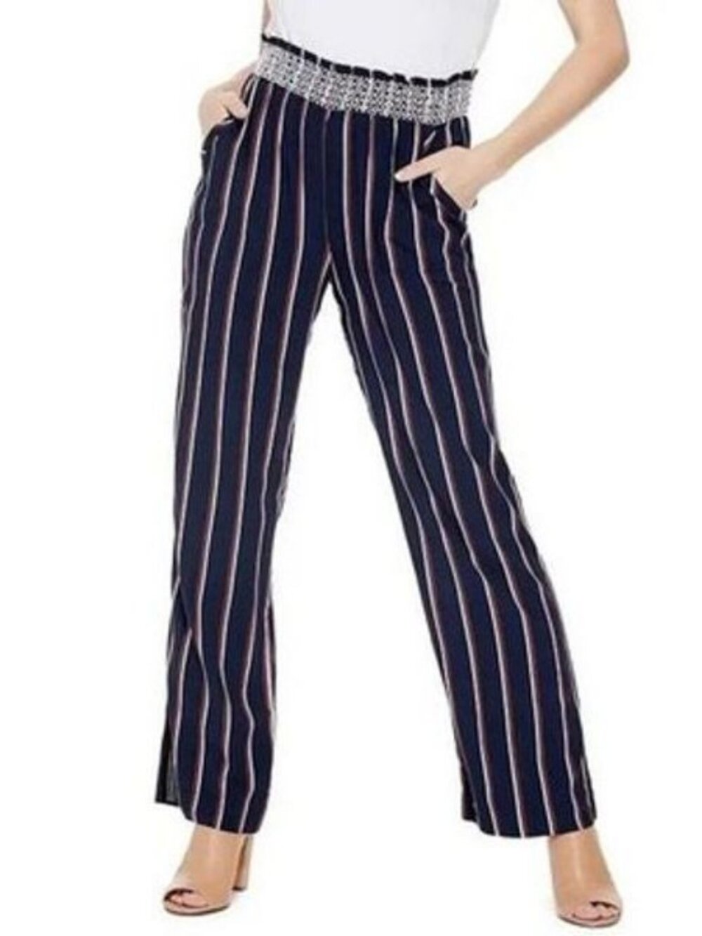 Guess Tezzi Smocked Palazoo Wide Leg Stretch Striped Pants Women's S